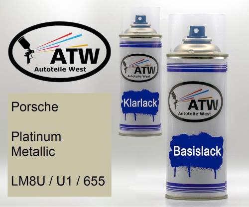 Porsche, Platinum Metallic, LM8U / U1 / 655: 400ml Sprühdose + 400ml Klarlack - Set, von ATW Autoteile West.